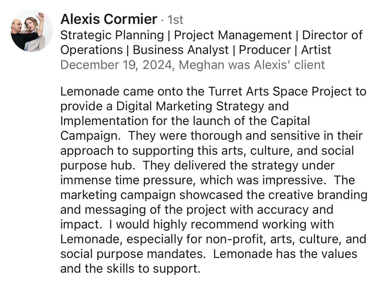 LinkedIn profile summary of Alexis Cormier with her photo, listing her roles and a recommendation for Lemonade, dated December 19, 2024.
