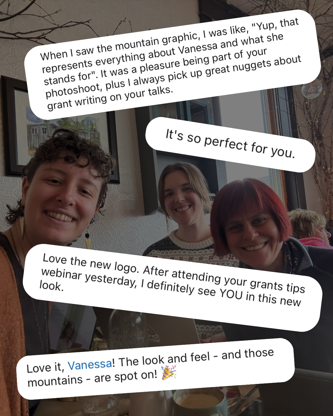 Meghan is sitting at a table with her branding client Vanessa and there are screenshots of positive comments layered over the image