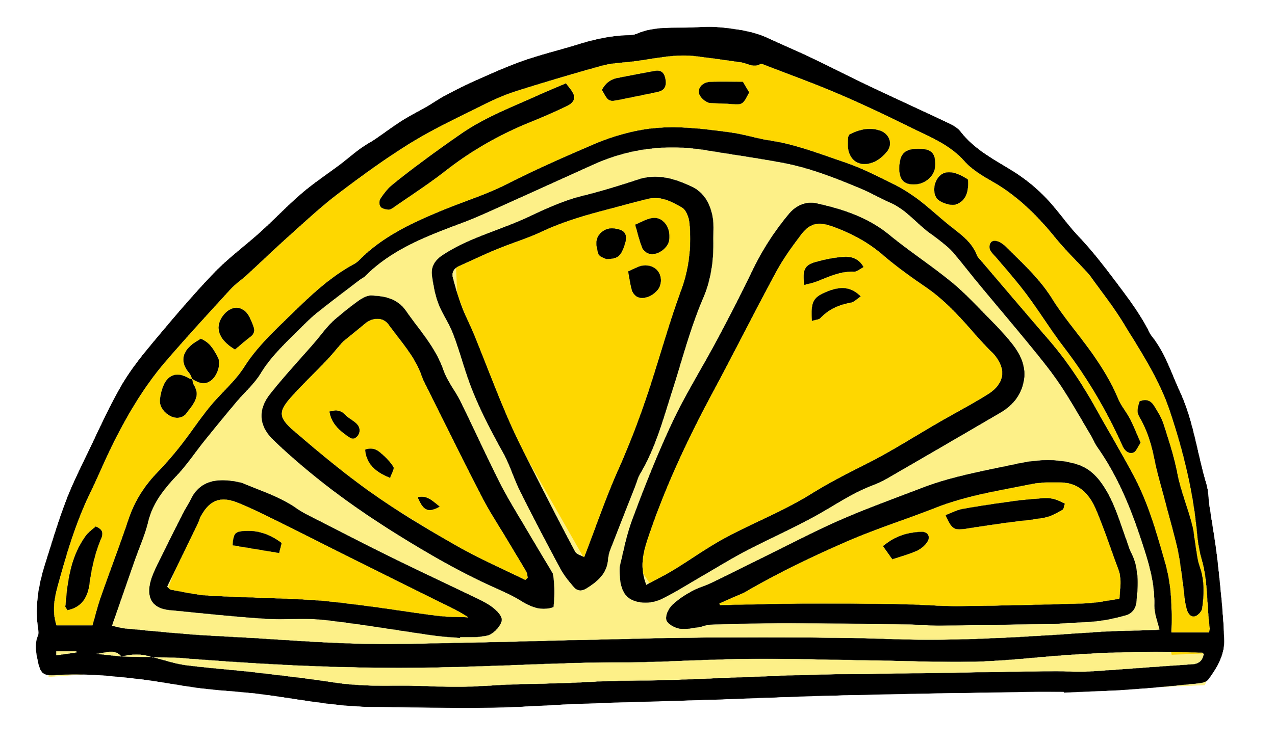 A digital illustration of a lemon wedge with yellow flesh and black outlines on a white background.