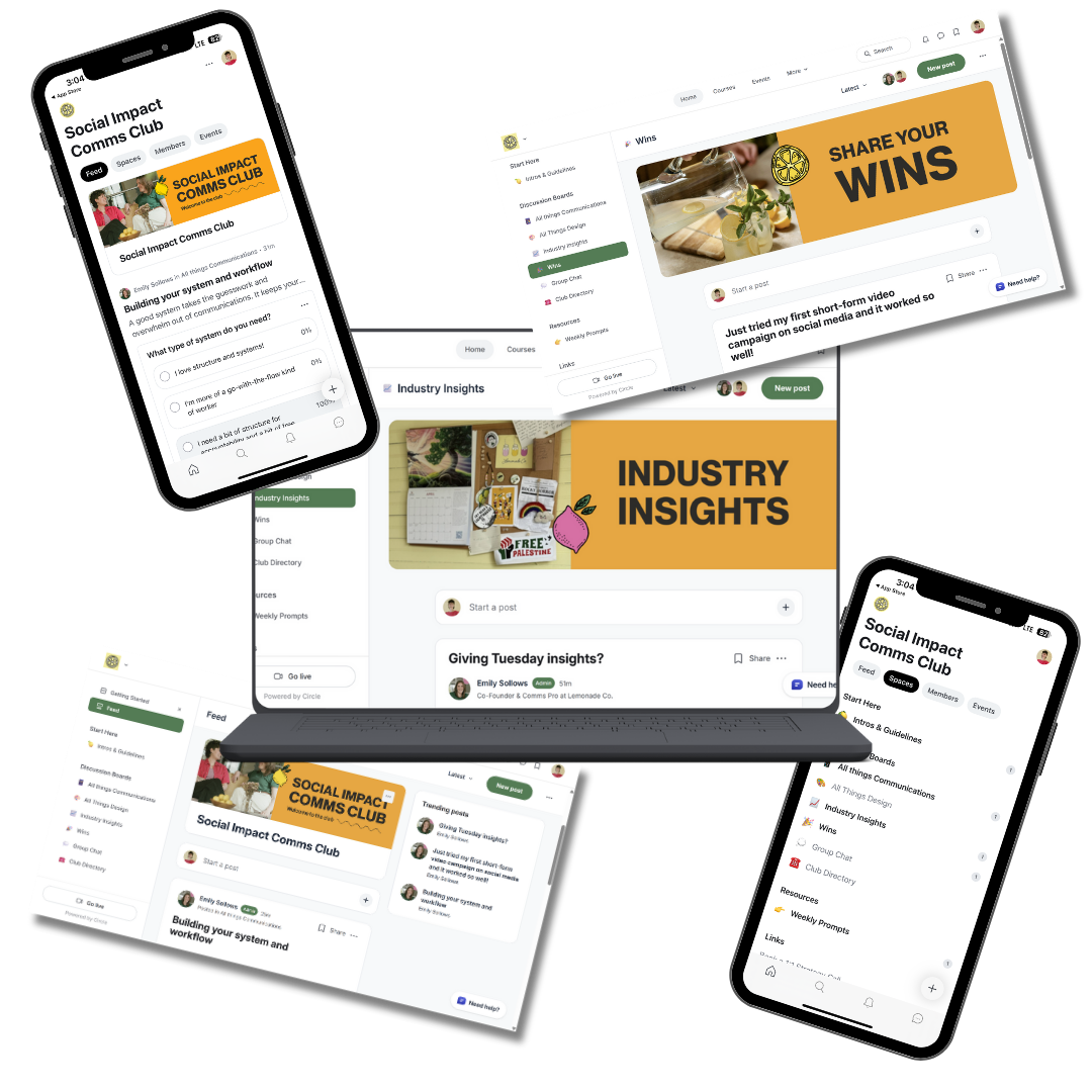 Multiple digital screens and smartphones displaying social media pages for 'Social Impact Comms Club' and 'Industry Insights,' with posts about social media campaigns, industry insights, and community engagement.