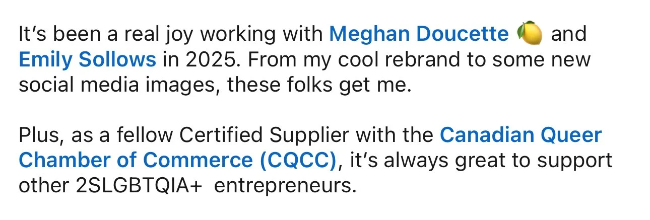 Screenshot of a client raving about working with Meghan Doucette and Emily Sollows on branding and social media.