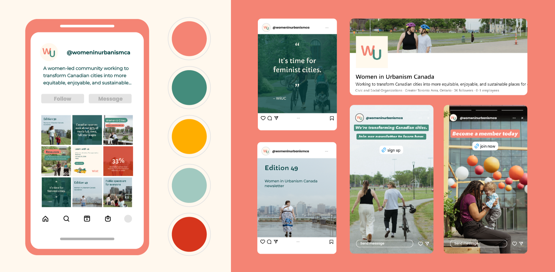 Collage of social media posts and a mobile phone screen showing Women in Urbanism Canada content, including community messages, newsletters, and group photos of women and families in urban parks.