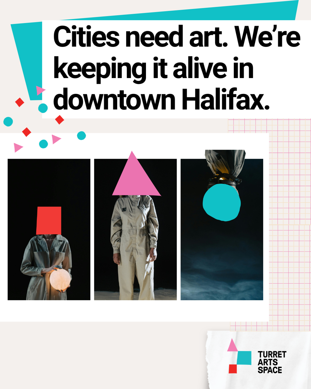 Graphic promoting art in Halifax with three photos of people in jumpsuits with geometric shapes on their heads, set against a dark background, and additional colorful design elements and text.