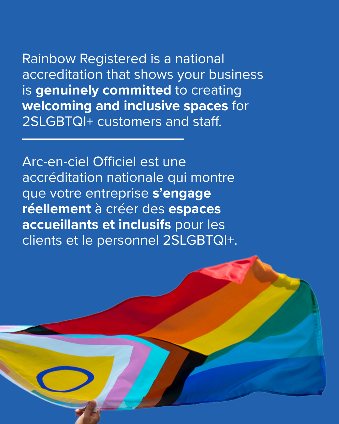 A blue background with white text explaining Rainbow Registered accreditation, with a person holding a rainbow pride flag in the lower right corner.