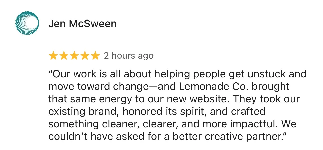 Google review for Jen McSween, 5-star rating, positive feedback about a website redesign by Lemonade Co.