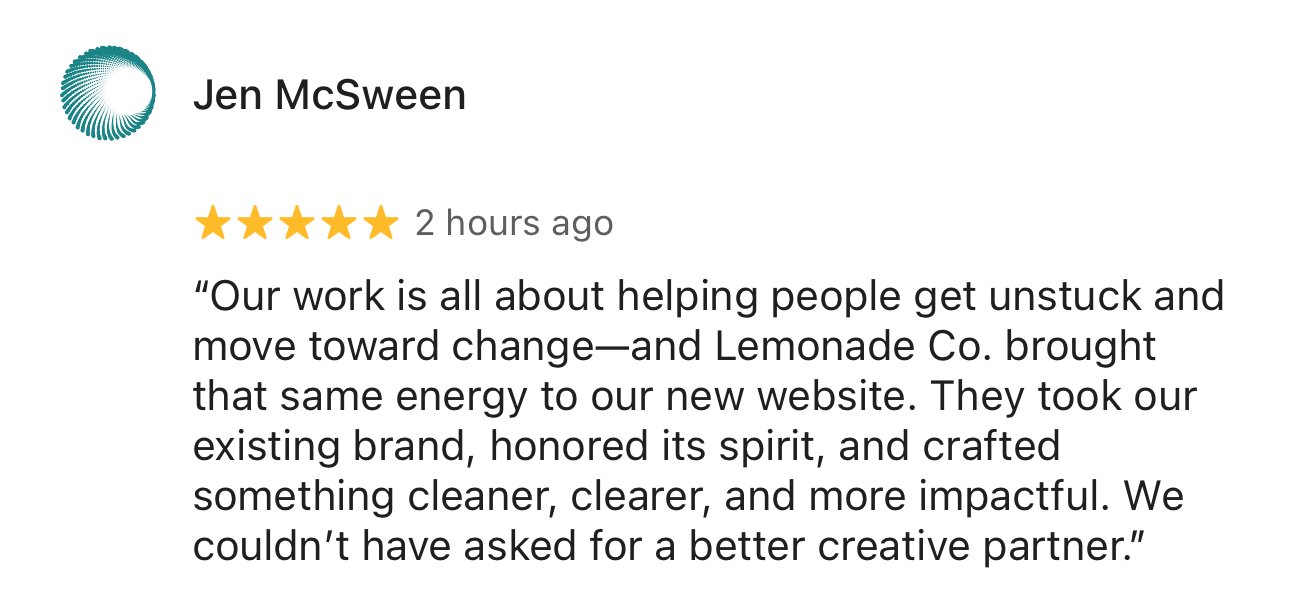 Screenshot from Google of a testimonial from a Lemonade Co. client The Outside about their website design project