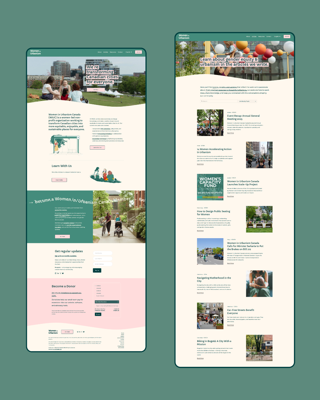 Two website screenshots related to women in urbanism, with the left page featuring a group of women sitting on grass and women with a stroller, and the right page showing articles about gender equity and urban activism.