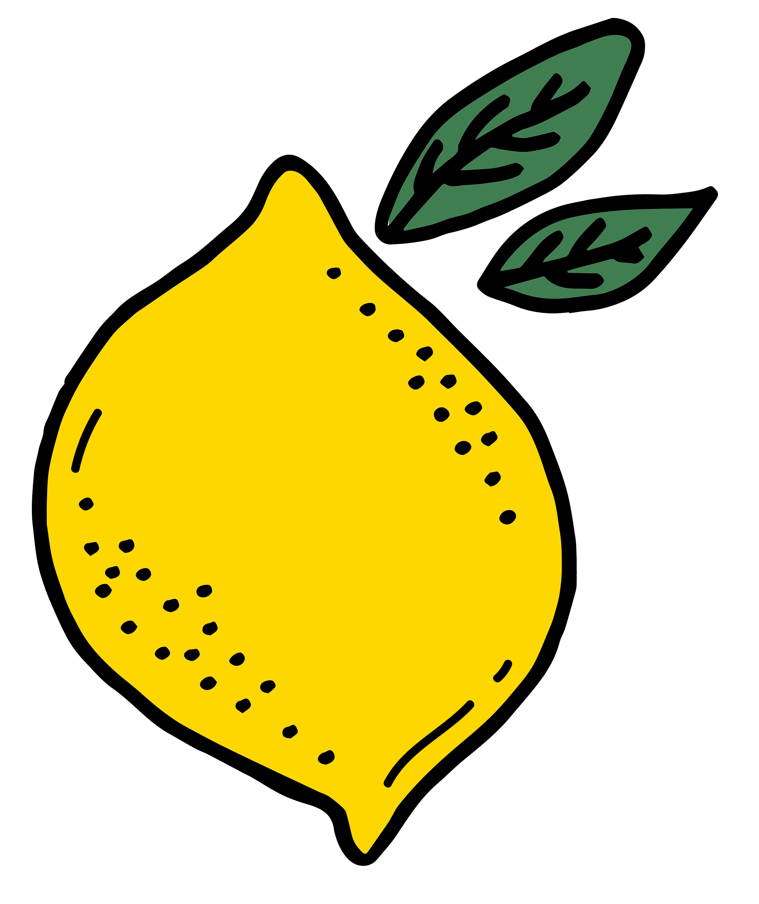 Illustration of a bright yellow lemon with two green leaves.
