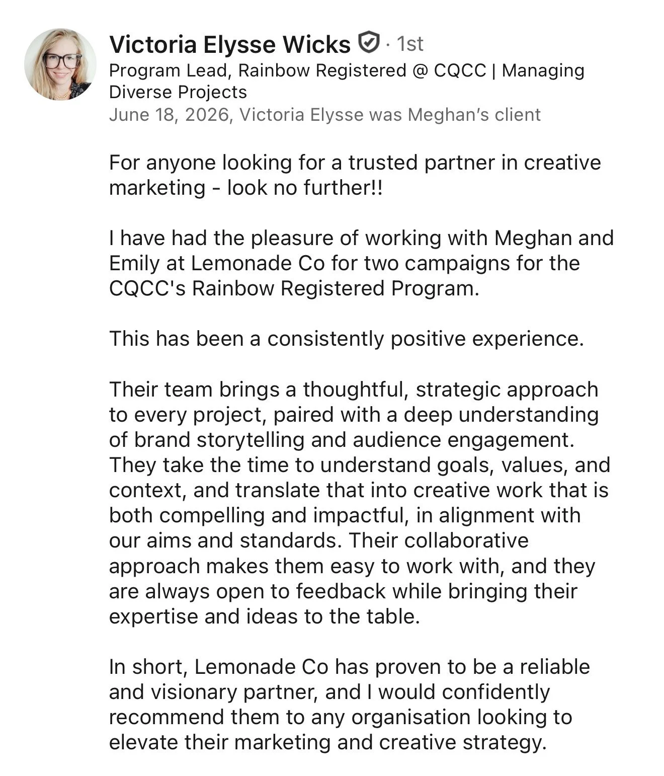 A testimonial for Lemonade Co. praising their work from Victoria Wicks at Rainbow Registered.