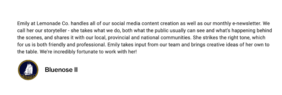 A digital document with a paragraph of text and a logo at the bottom. The text describes Emily's role in social media content and newsletter creation. The logo is circular, featuring a sailing ship on a dark blue background, bordered by a gold ring.