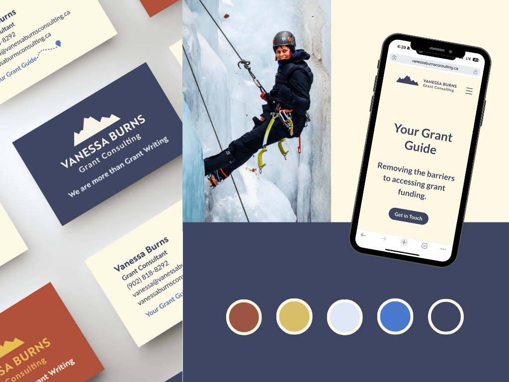 Business cards for Vanessa Burns Grant Consulting spread out on a surface, office stationery, and a digital device displaying a grant guide webpage. A person rock climbing on a vertical ice wall, wearing climbing gear, helmet, and gloves.