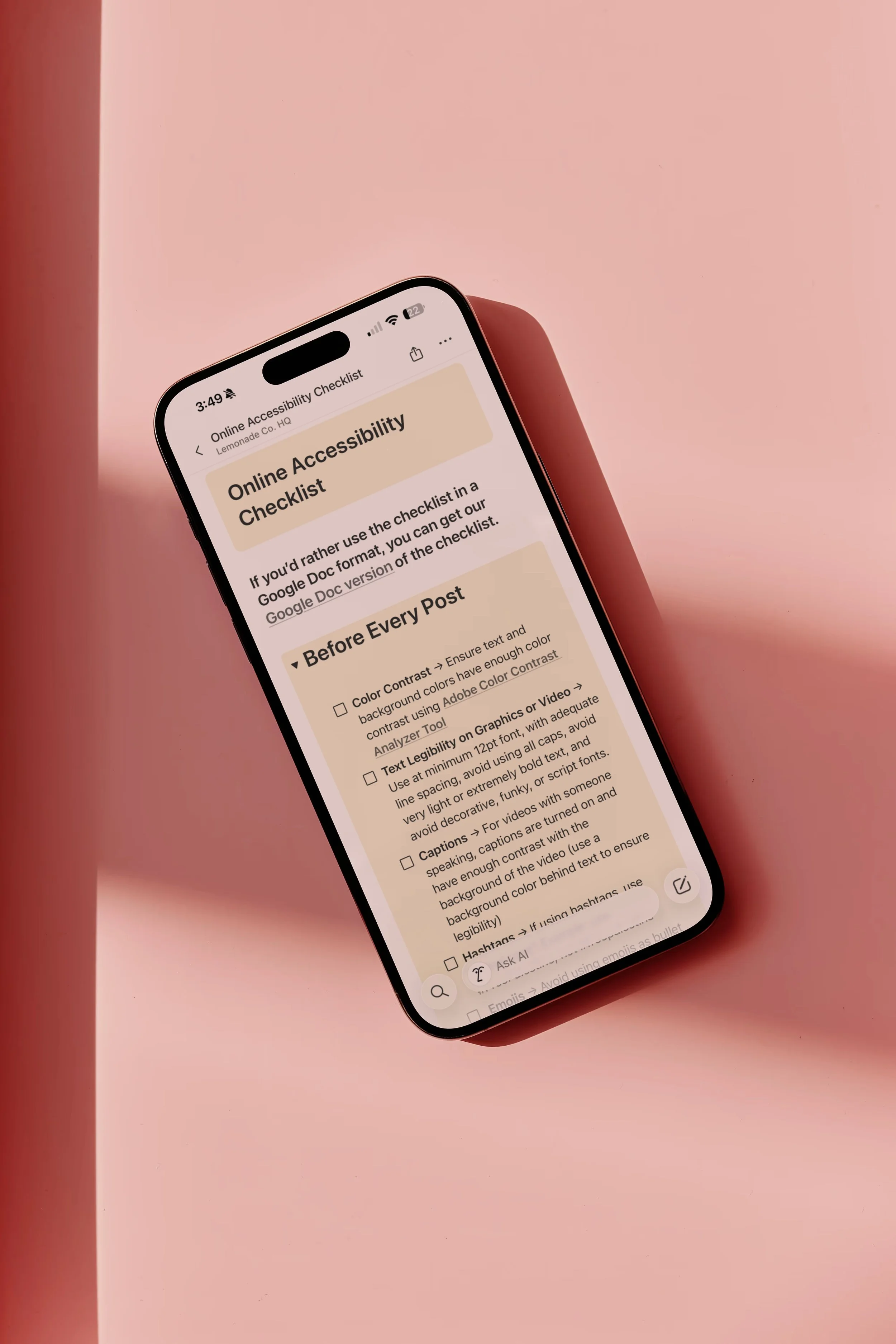 Cellphone screen showing the online accessibility checklist created by Lemonade Co.