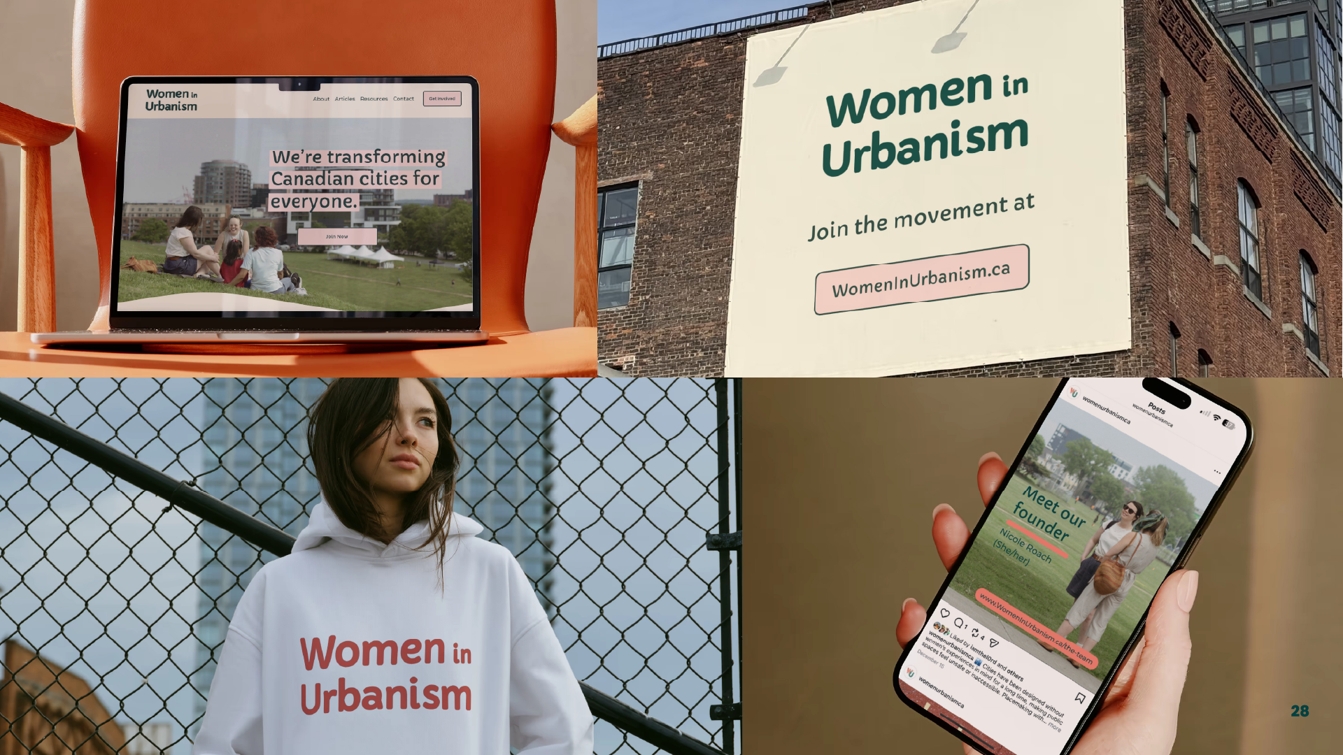 A collage of four images promoting Women in Urbanism. The top left shows a laptop displaying the Women in Urbanism website with people sitting on grass in the background. The top right features a large sign on a brick building with 'Women in Urbanism' and a website link. The bottom left depicts a woman with dark hair wearing a white hoodie with 'Women in Urbanism' text, standing in front of a chain-link fence. The bottom right shows a hand holding a smartphone displaying a Women in Urbanism social media post introducing their founder.