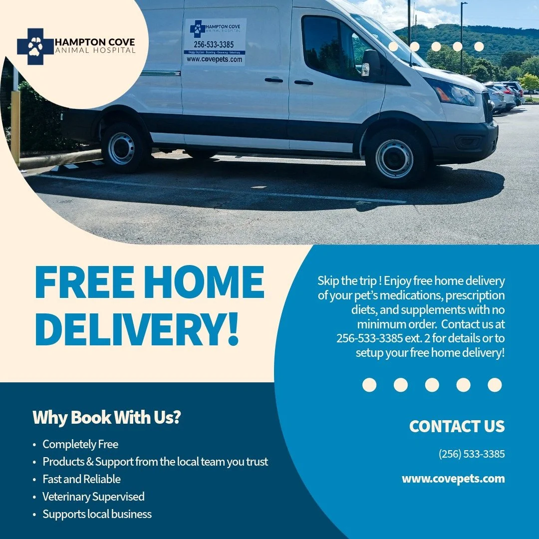We are excited to announce the newest service available here at HCAH & Covepets. FREE Home Delivery! We understand how hard it can be to make an extra trip to grab that bag of food or that prescription that your pet needs. Let us take that trip o