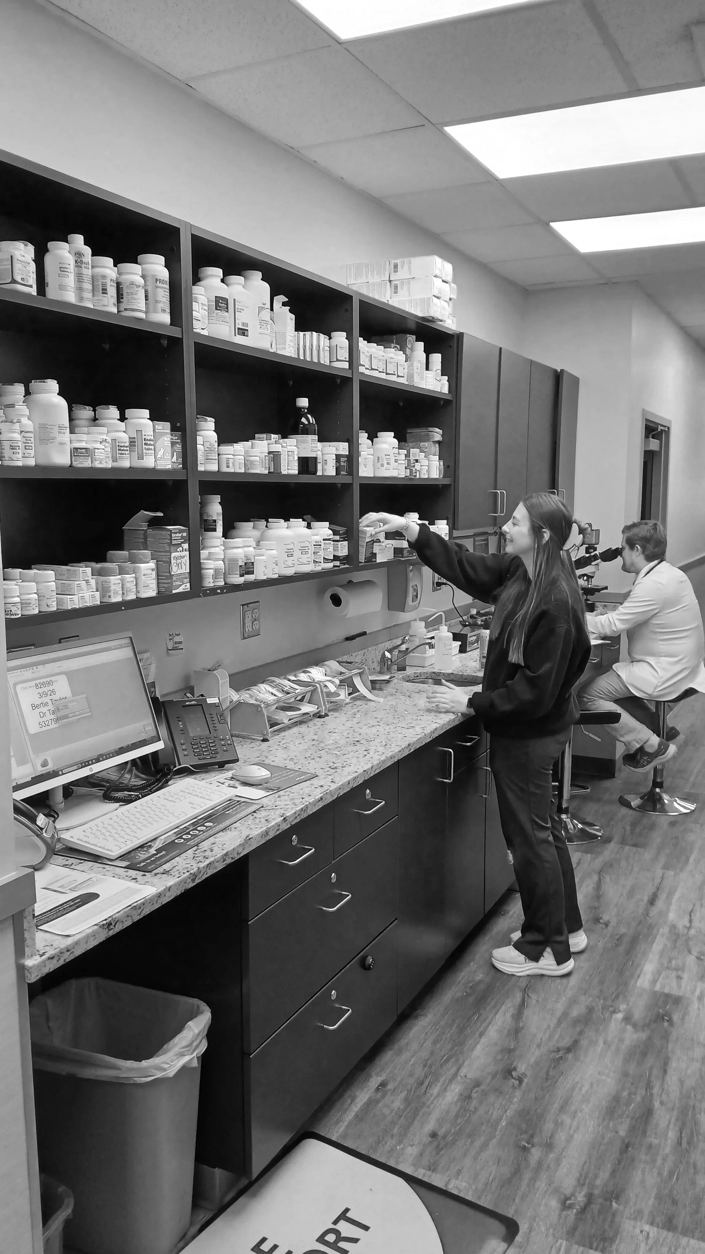 Two pharmacy technicians working in a pharmacy, reaching for prescription bottles on the shelves.
