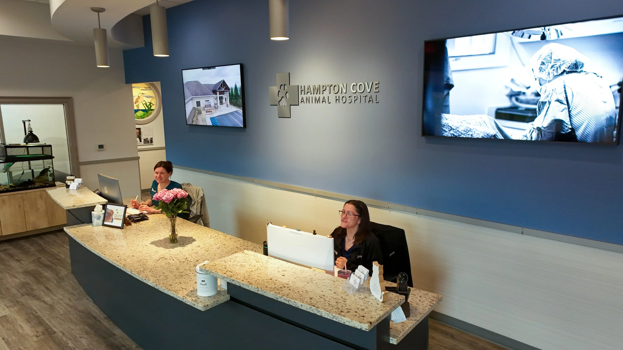 Reception area of Hampton Cove Animal Hospital with two women sitting at the front desk, one smiling at the camera, with a vase of pink flowers, computer, and various office items on a granite countertop. Behind them is a blue wall with the Hampton C
