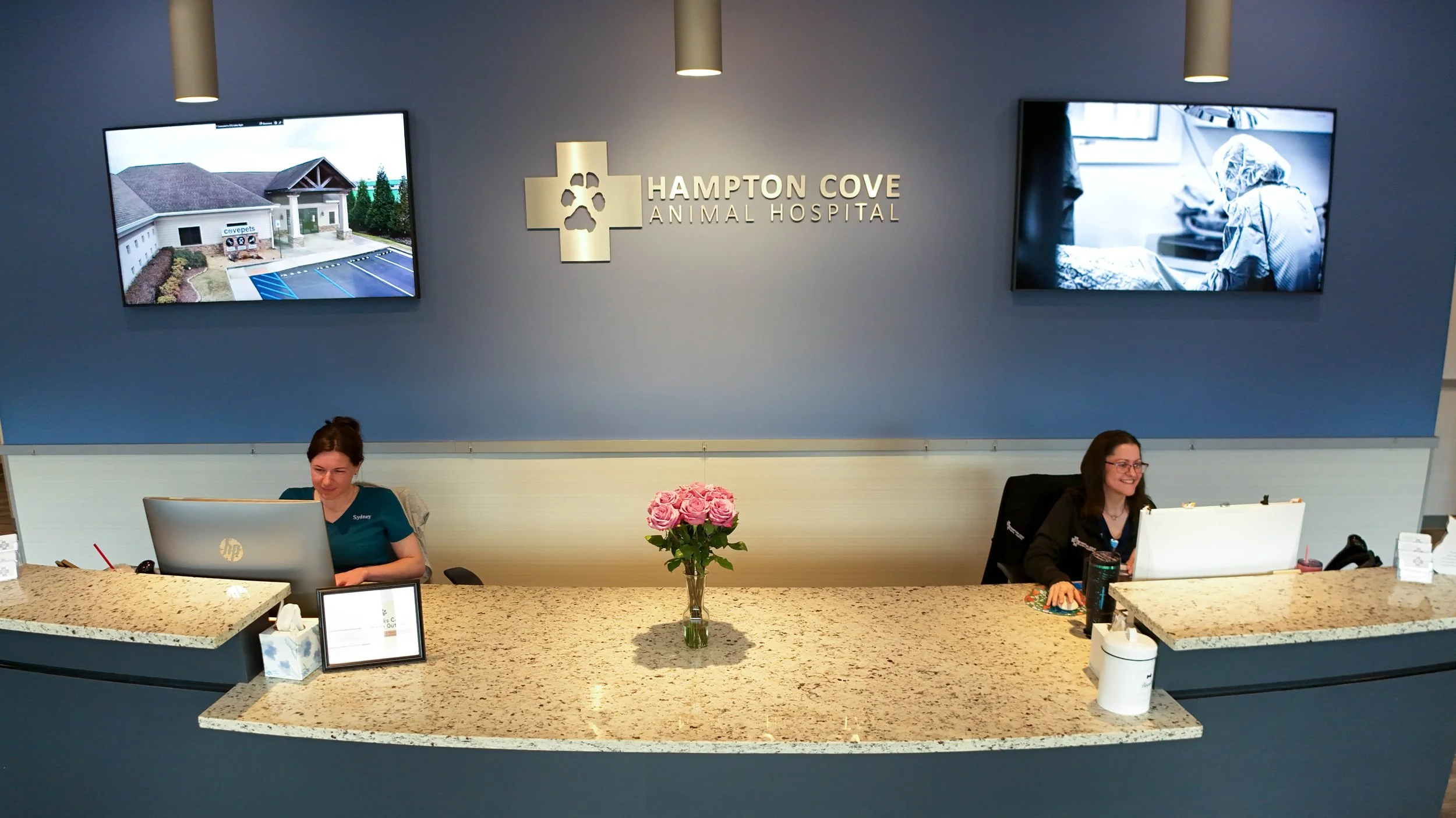 Reception desk at Hampton Cove Animal Hospital with two staff members smiling and working, a vase of pink roses in the center, and two large screens on the wall displaying images of the hospital building and a veterinary procedure.