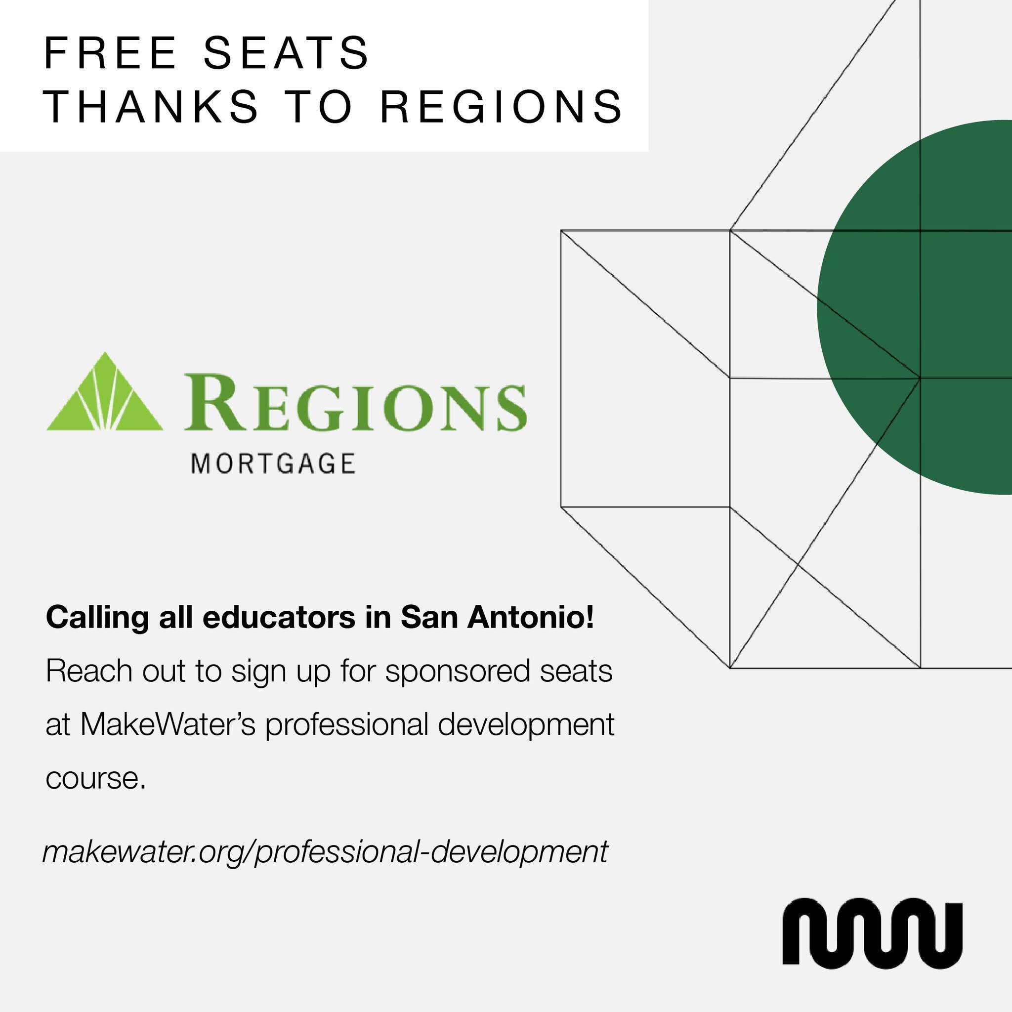 Huge gratitude to Regions Mortgage for their sponsorship of seats for educators in our professional development program! 

📣If you're based in San Antonio, Texas, and eager to dive into our hands-on program, don't hesitate to get in touch for furthe