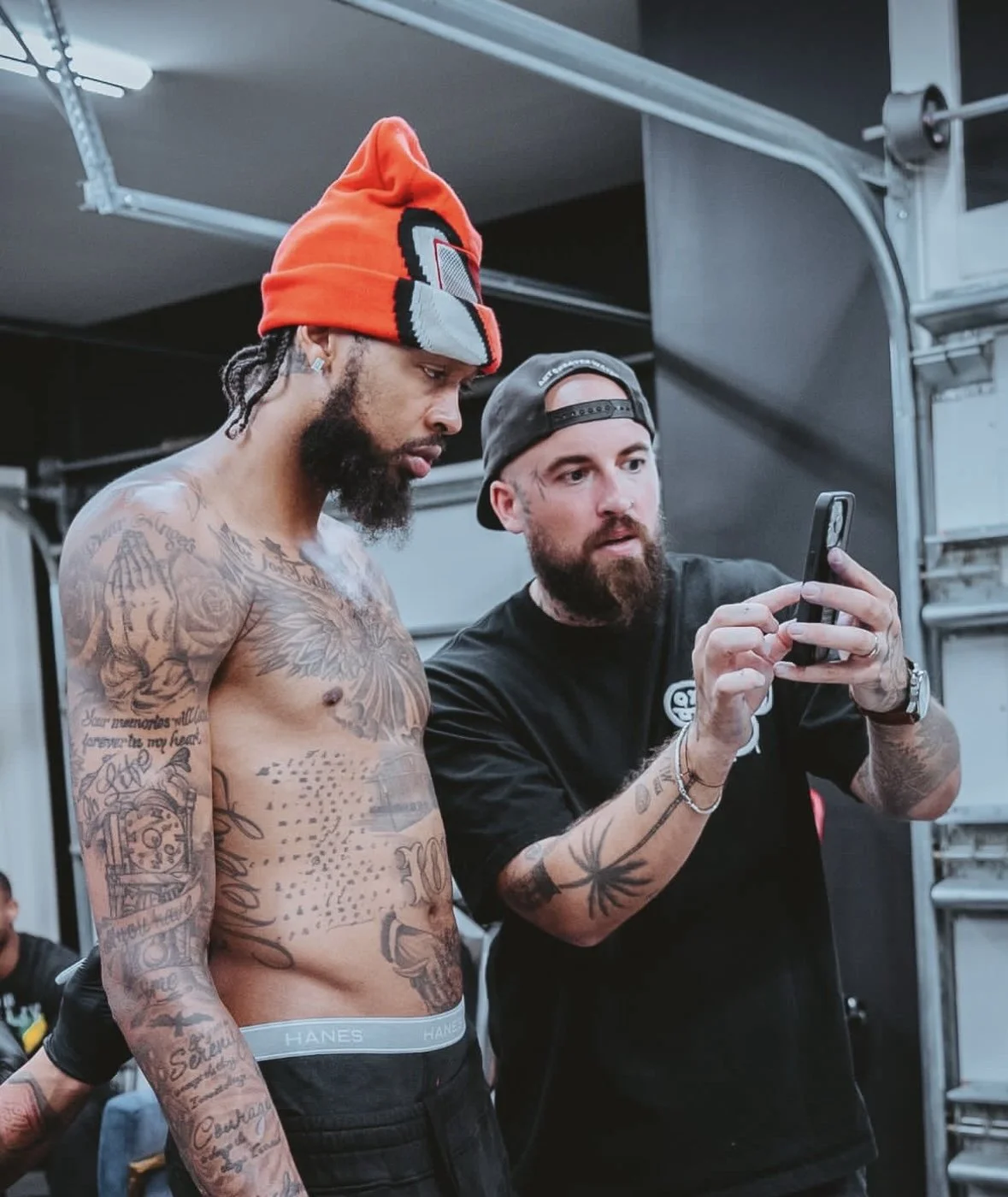 Tattoo artist Patrick Fumfar (PATS.INK) alongside Brandon Ingram, NBA Pro, former LA Lakers and Toronto Raptors during a personal meeting before the Tattoo Session.