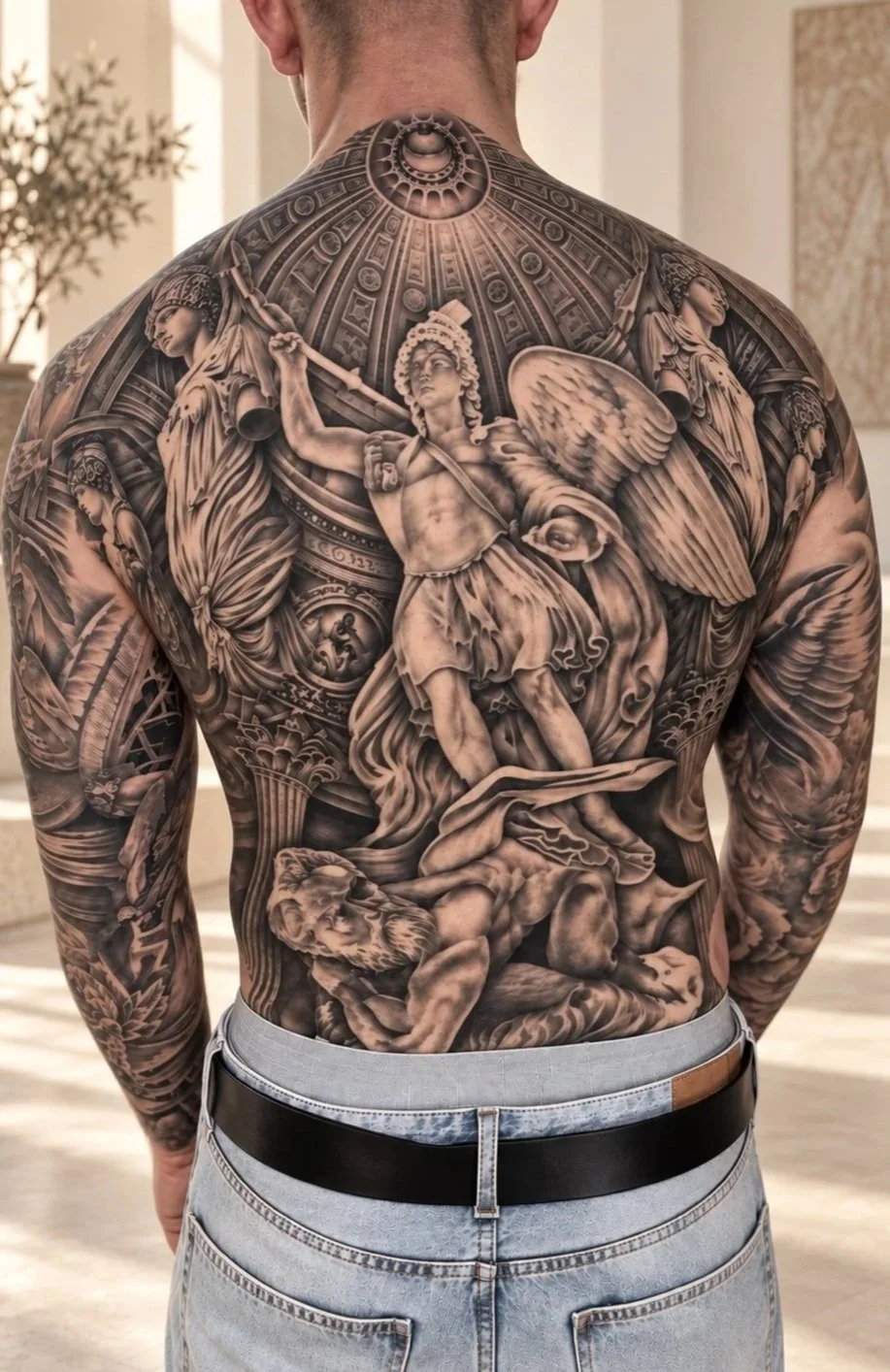A man with a large, detailed black and gray tattoo covering his back and arms, featuring classical sculptures, angels, and architectural elements.