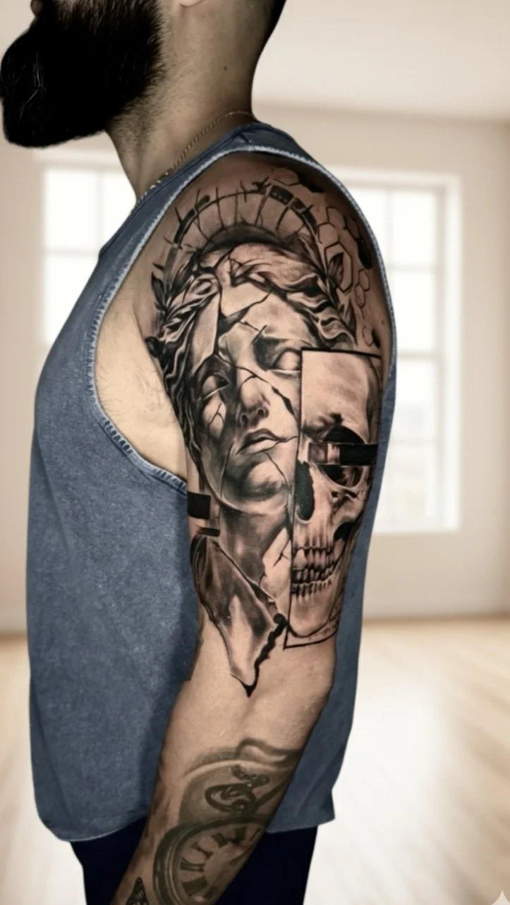 Tattooed man's upper arm and shoulder featuring a realistic portrait of a woman, a skull, and clock elements with a mix of abstract and realistic styles.