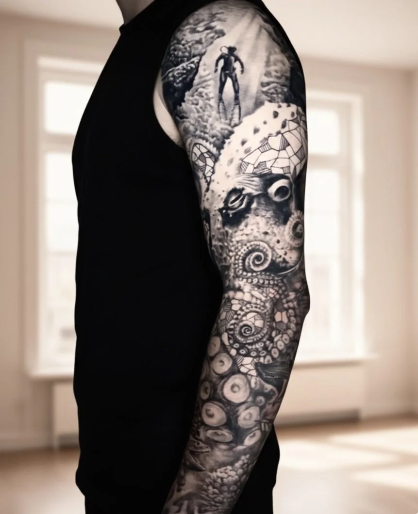 Black and gray detailed tattoo sleeve featuring a mountain climber, geometric patterns, an animal face, spirals, and abstract designs on a person's arm.
