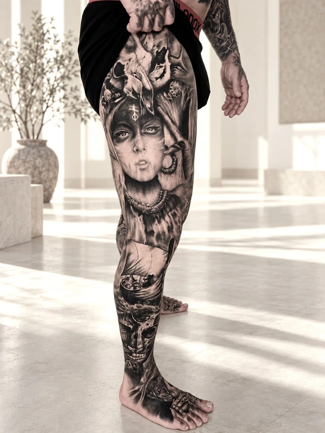 A person with extensive black and gray tattoos covering their leg, including a detailed portrait of a woman with jewelry and various artistic designs.