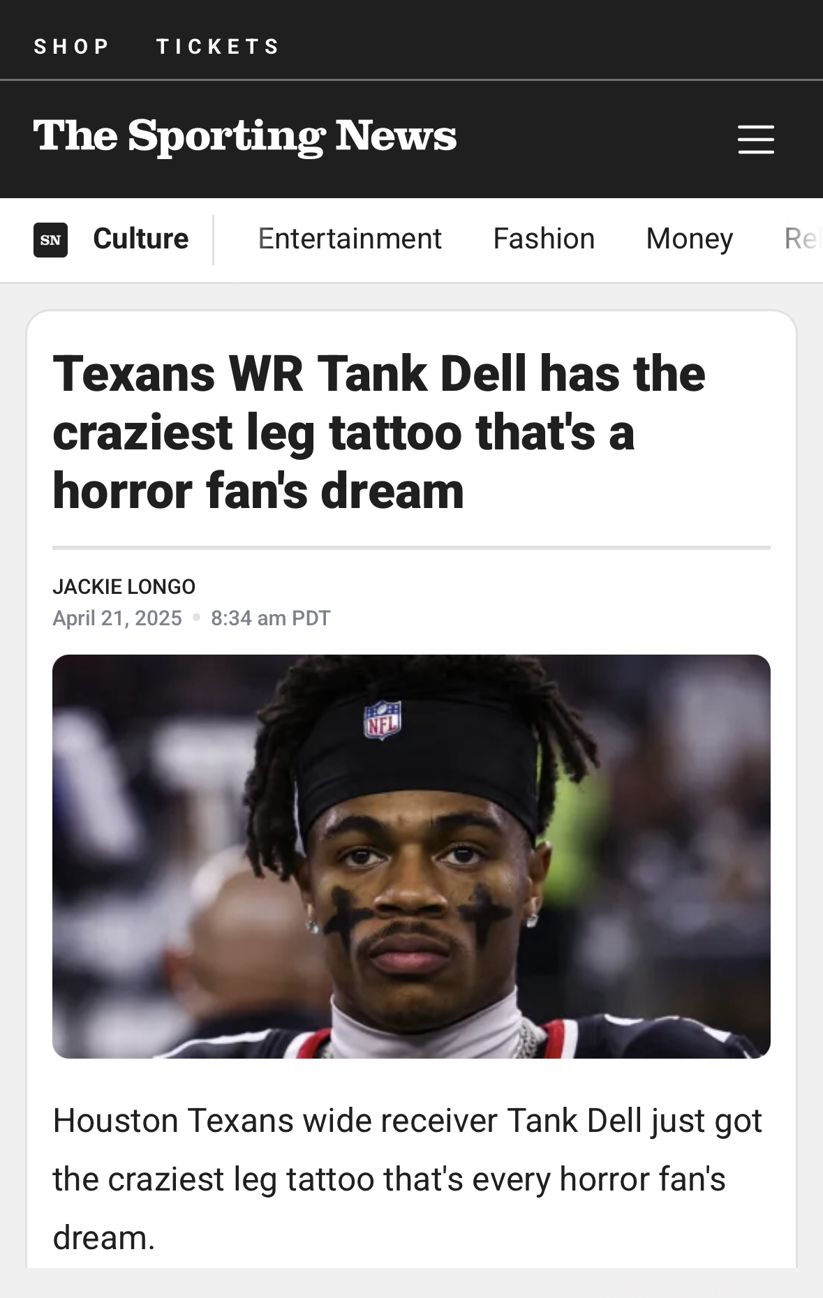 Screenshot of the Sporting News article about NFL player Tank Dell's horror-themed Black & Grey realism leg sleeve tattoo, created in collaboration with tattoo artist Patrick Fumfar (PATS.INK) and other artists.