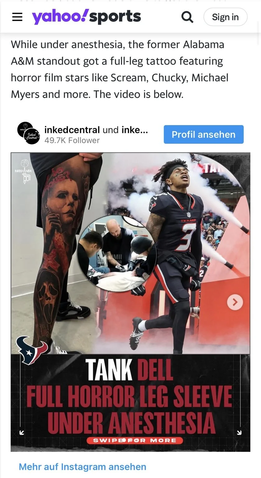 Screenshot of a Yahoo Sports article about NFL player Tank Dell's horror-themed Black & Grey realism leg sleeve tattoo, created in collaboration with tattoo artist Patrick Fumfar (PATS.INK) and other artists.