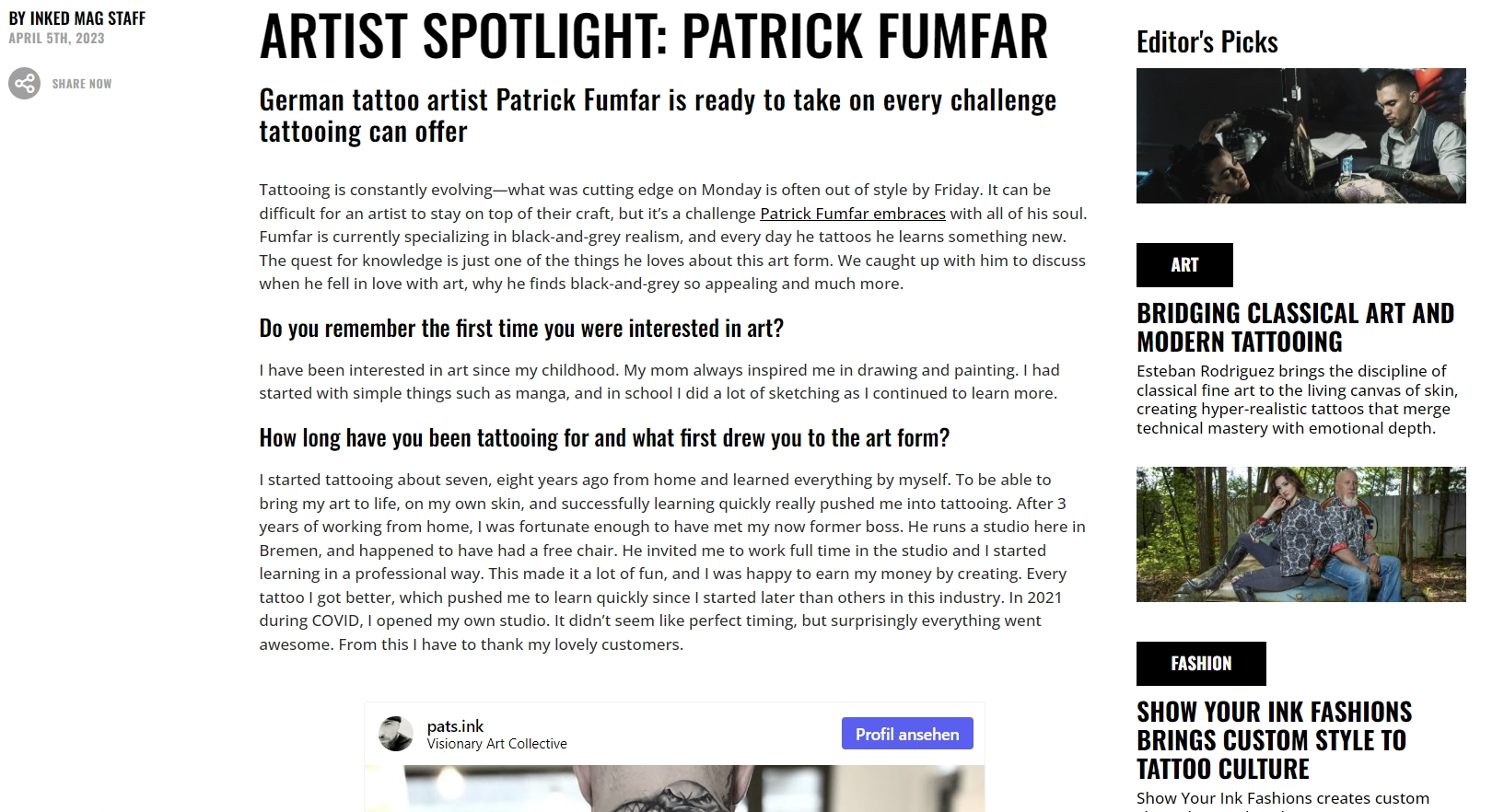 Screenshot of Inked Magazine's 2023 Artist Spotlight featuring Patrick Fumfar (PATS.INK), a German tattoo artist specializing in Black & Grey Realism.