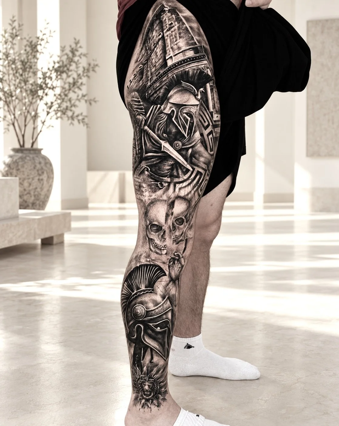 A man's leg with a large black and gray tattoo featuring a classical sculpture of a man's face, lightning bolts, a hand with two fingers extended, and a lion's face.