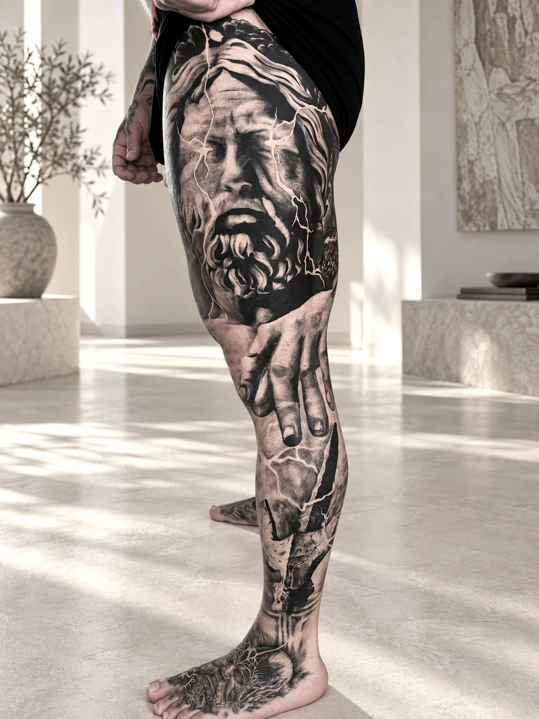 Close-up of a person's leg with extensive black and gray tattoo art depicting a classical sculpture face, a hand, and abstract patterns.