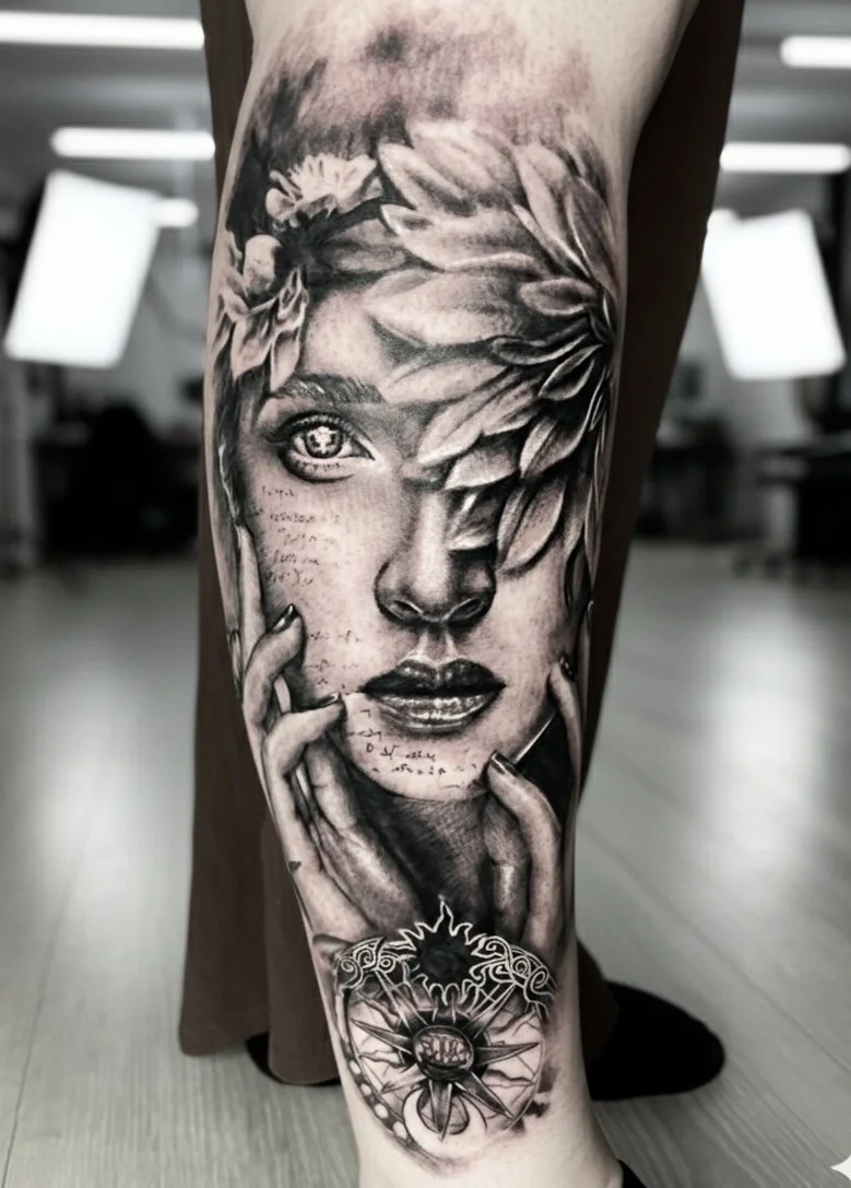 Black and gray tattoo of a woman's face with one eye visible, surrounded by floral elements and hands near her face, with decorative patterns and symbols below.