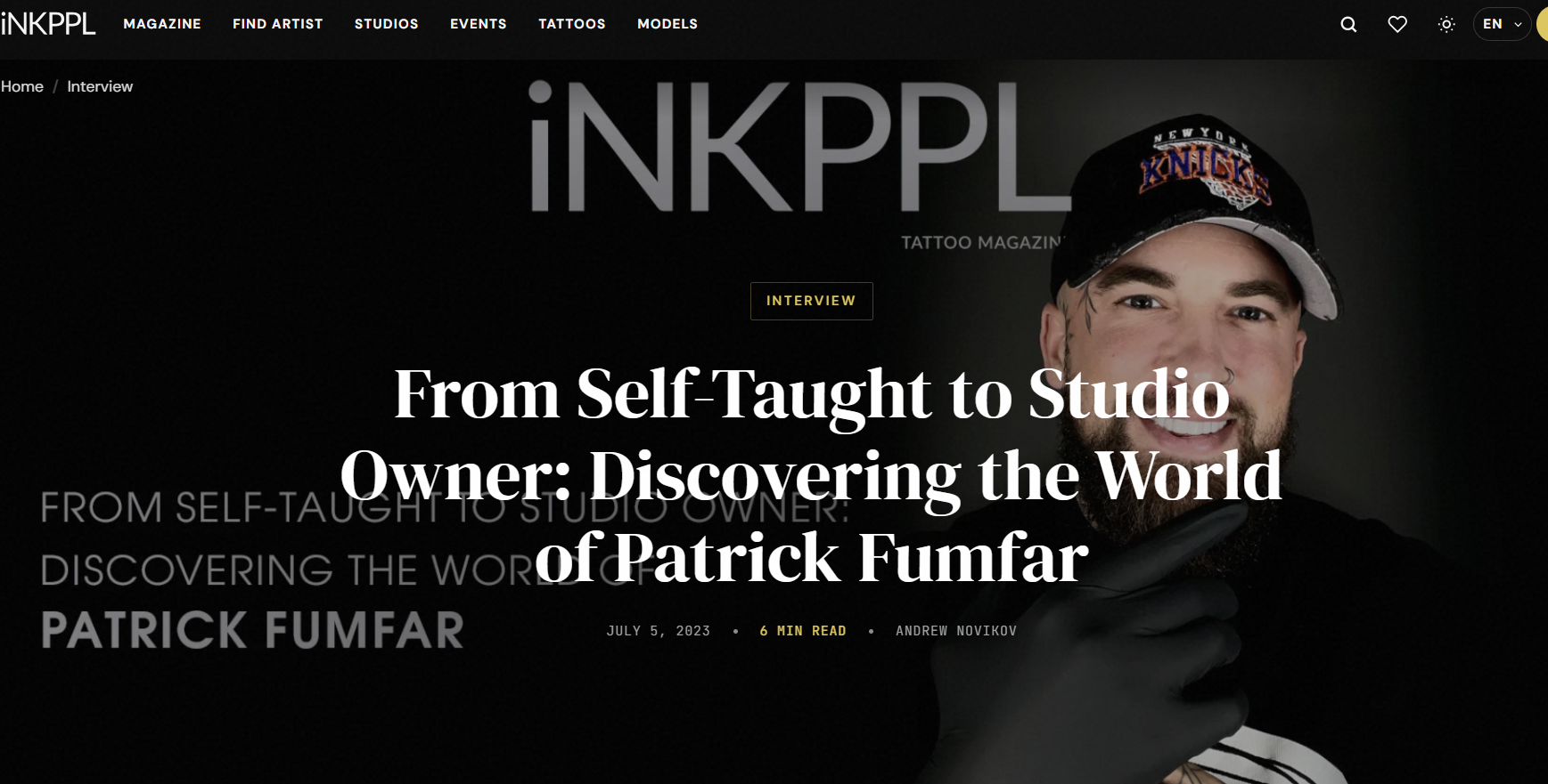 Screenshot of an iNKPPL Magazine interview featuring Patrick Fumfar (PATS.INK), a German Black & Grey Realism tattoo artist, discussing his artistic journey, tattoo career and creative influences.