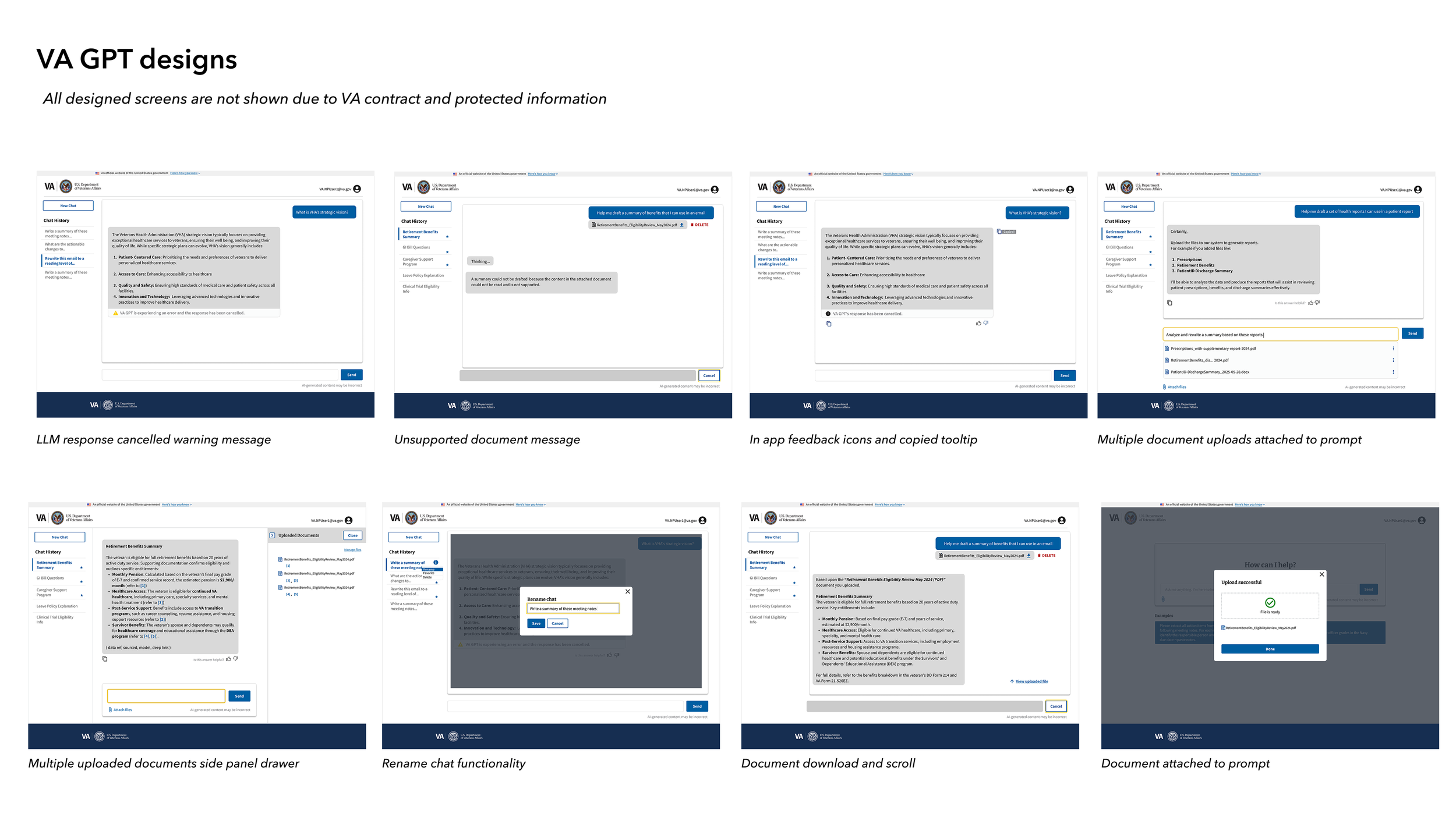 VA LLM screens. Not all are shown due to contract