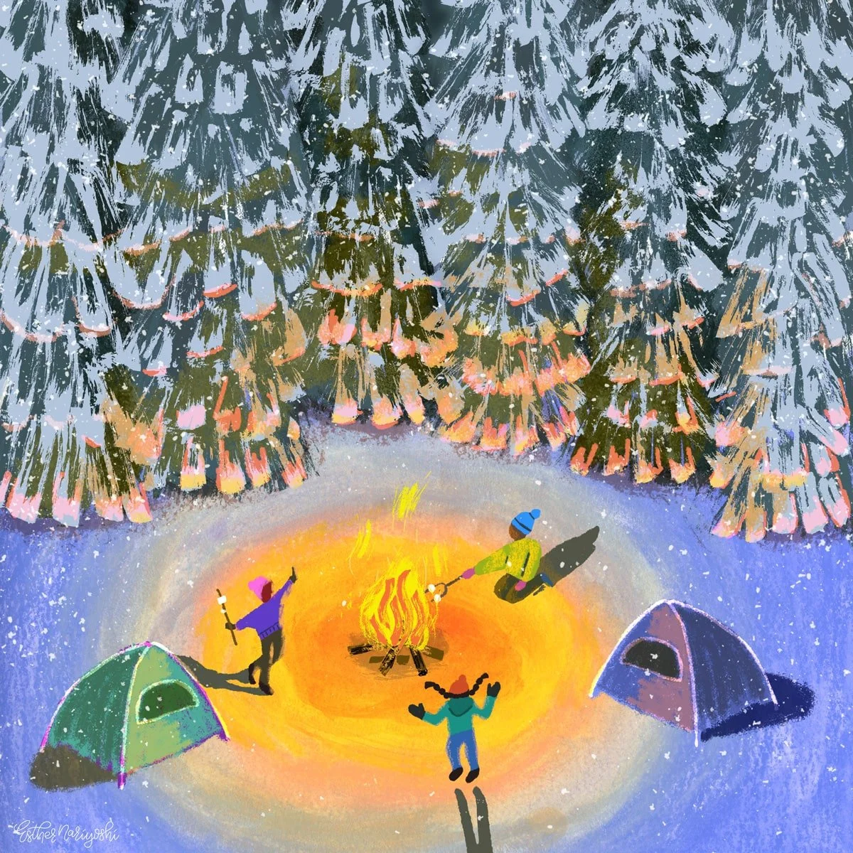 Three kids and two tents gather around a glowing campfire in a snowy forest clearing, with tall snow-covered pine trees framing the bright, colorful winter night.