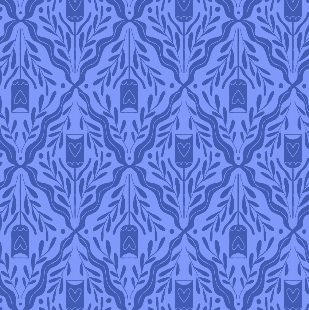 Monochrome blue repeat pattern with stylized bunnies, leaves, and heart motifs in a folk-inspired style.