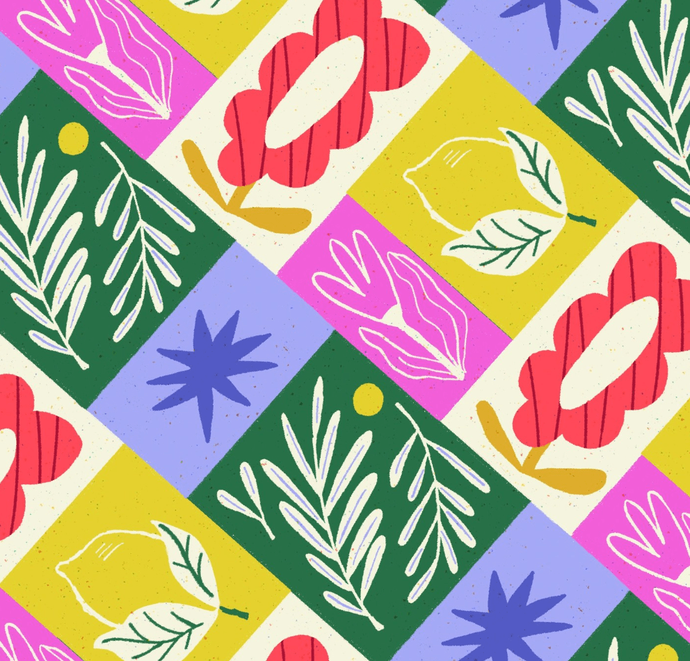 Colorful diagonal patchwork pattern of flowers, leaves, and lemons in pink, yellow, green, and purple blocks.