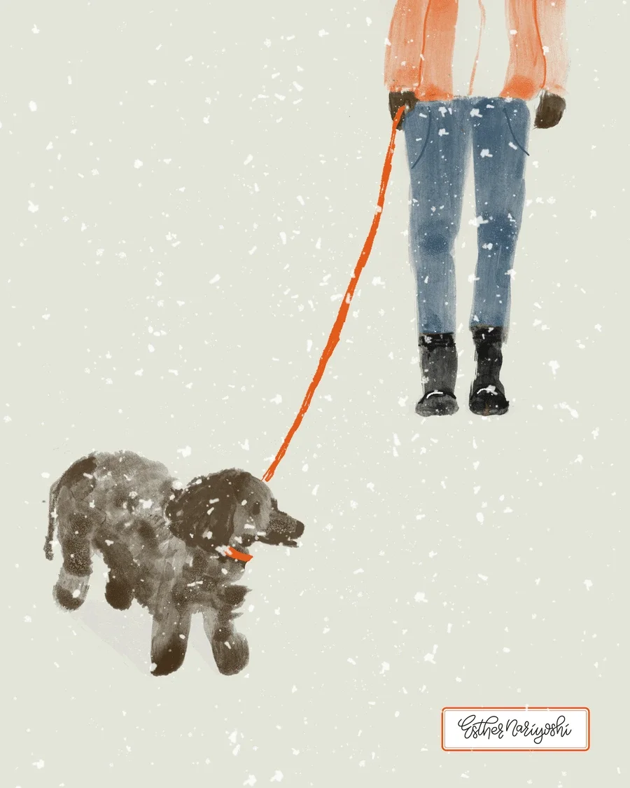 Watercolor illustration of a person in an orange coat walking a small black dog on a red leash in falling snow.