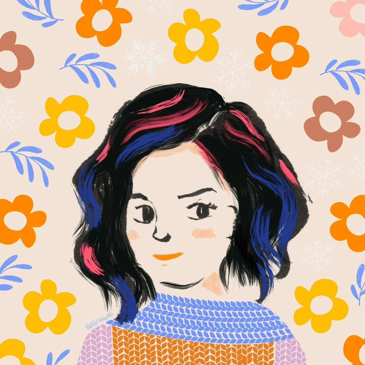 Stylized portrait of a girl with dark hair and bright streaks, surrounded by cheerful flowers and leaves.