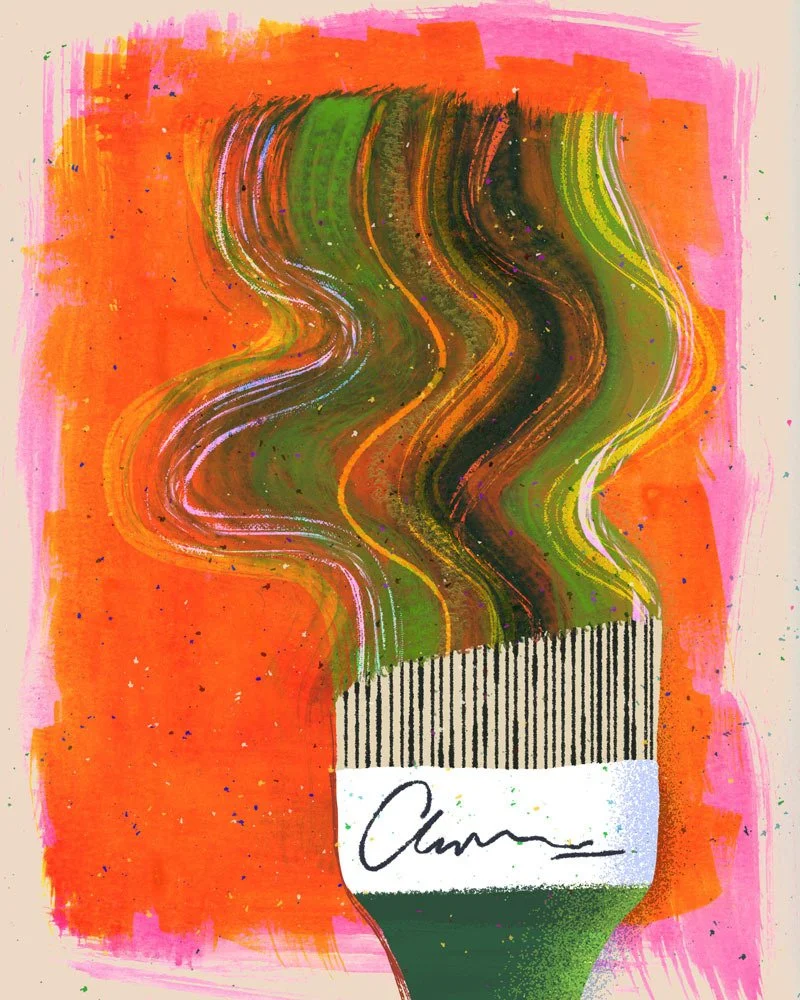 Vibrant illustration of a wide paintbrush against a neon orange and pink background, with thick wavy strokes of green, yellow, and brown paint flowing upward in a textured, expressive style.