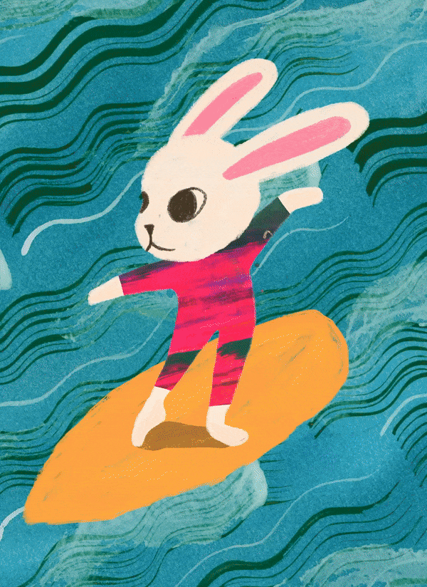 Playful looping illustration of a white rabbit in a red wetsuit surfing on an orange board over stylized teal waves, in a textured picture-book style.