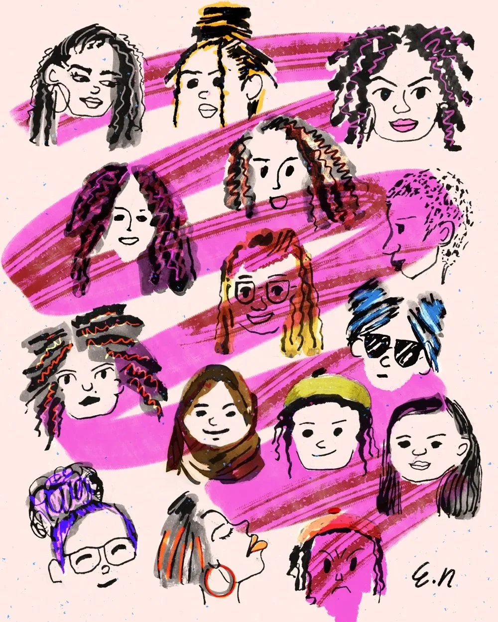 Playful digital illustration of diverse faces with different hairstyles and expressions, drawn in bold black lines over pink brushstroke backgrounds, by Esther Nariyoshi.”