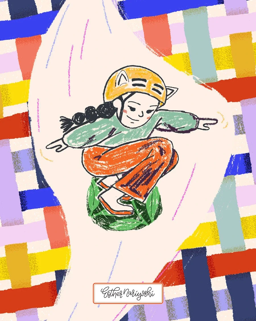 Illustration of a girl roller skating in a crouched pose, wearing a yellow helmet and orange pants, on a colorful geometric background.