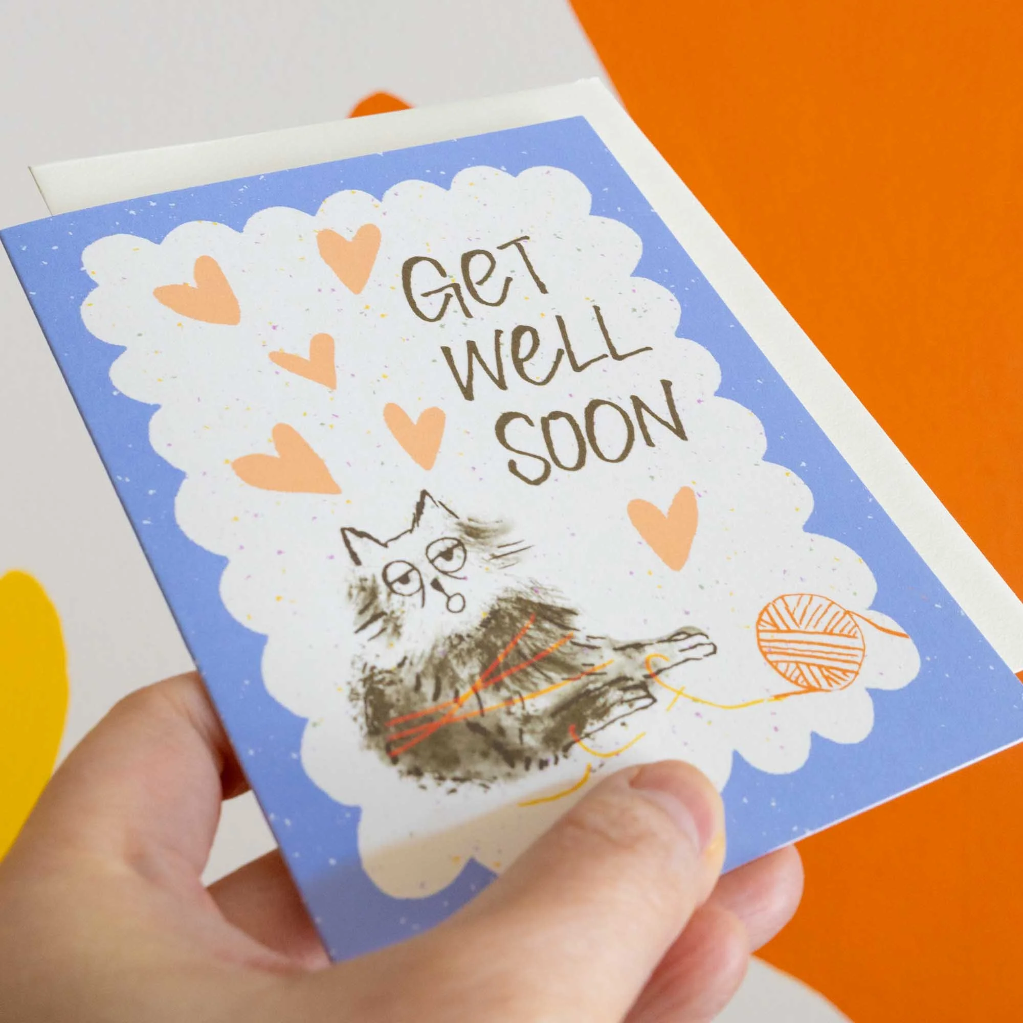 Get Well Cat with Yarn Greeting Card, A2, Blank Inside