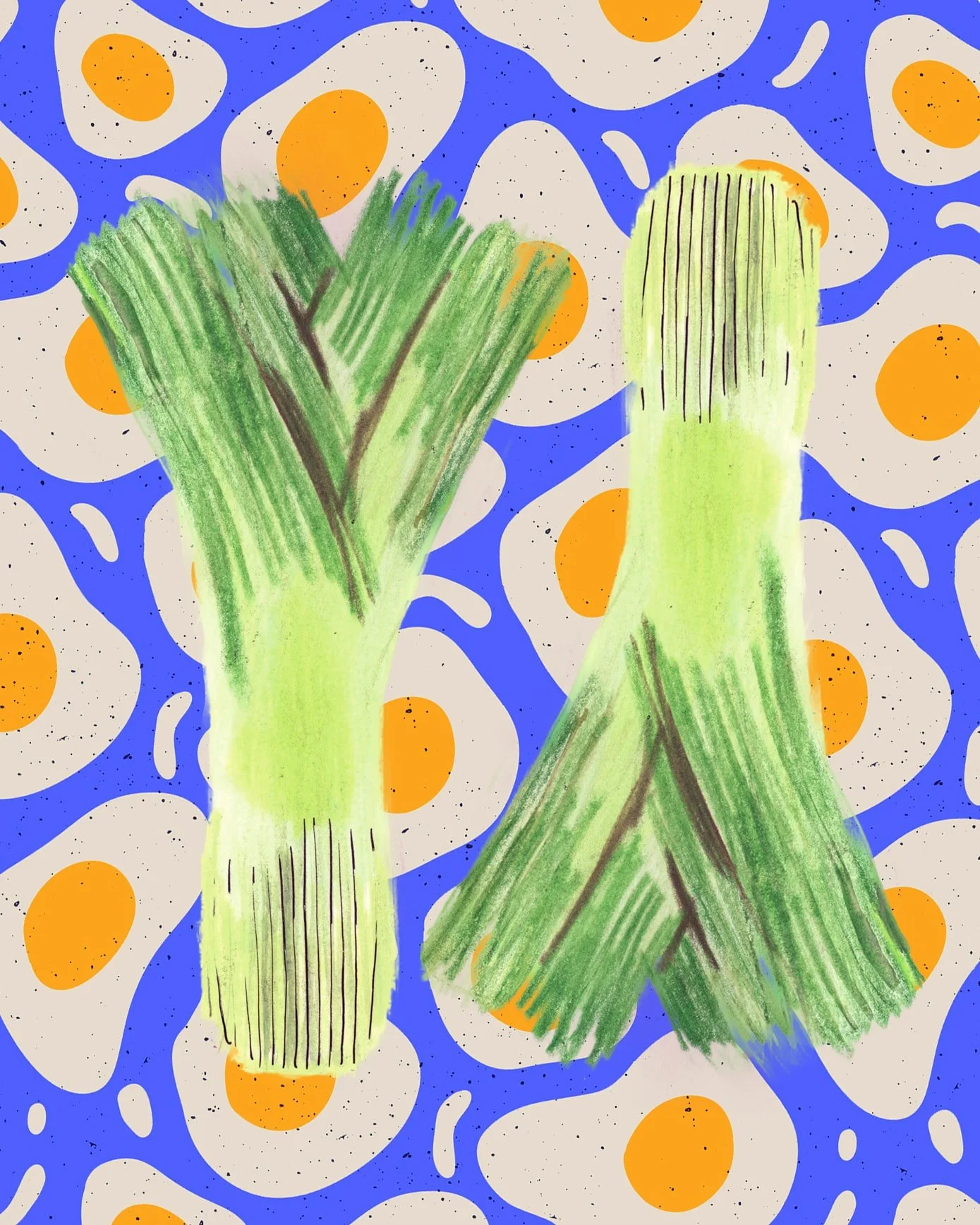 Hand-drawn green onions on a playful fried-egg patterned background in bright, graphic colors
