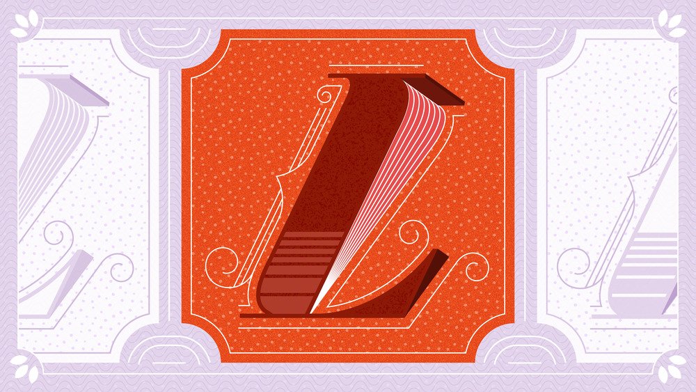 Ornate three-dimensional letter L in red-orange with book-like pages and curled flourishes, framed by a lavender patterned border with faint repeat letters in the background.