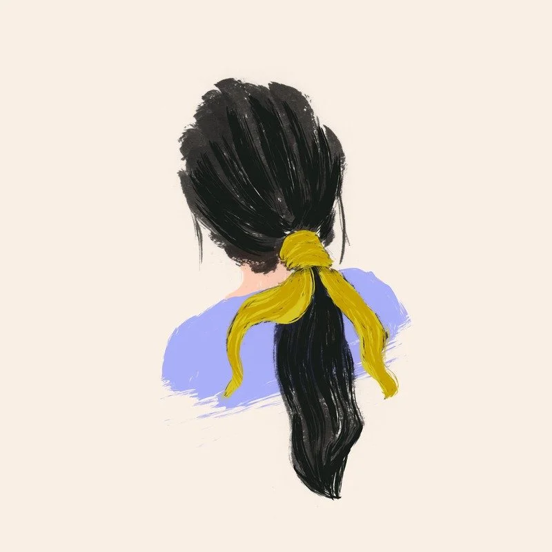 Back view of a woman with a long dark ponytail tied with a yellow scarf, painted on a soft neutral background.