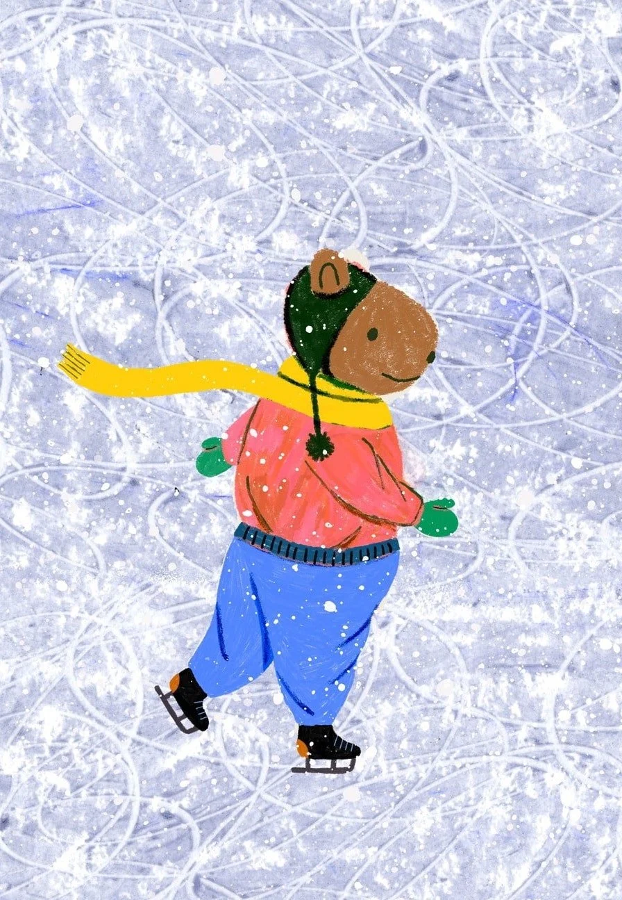 Cute bear in winter clothes ice skates across a snowy rink, leaving looping scratchy tracks in the ice.
