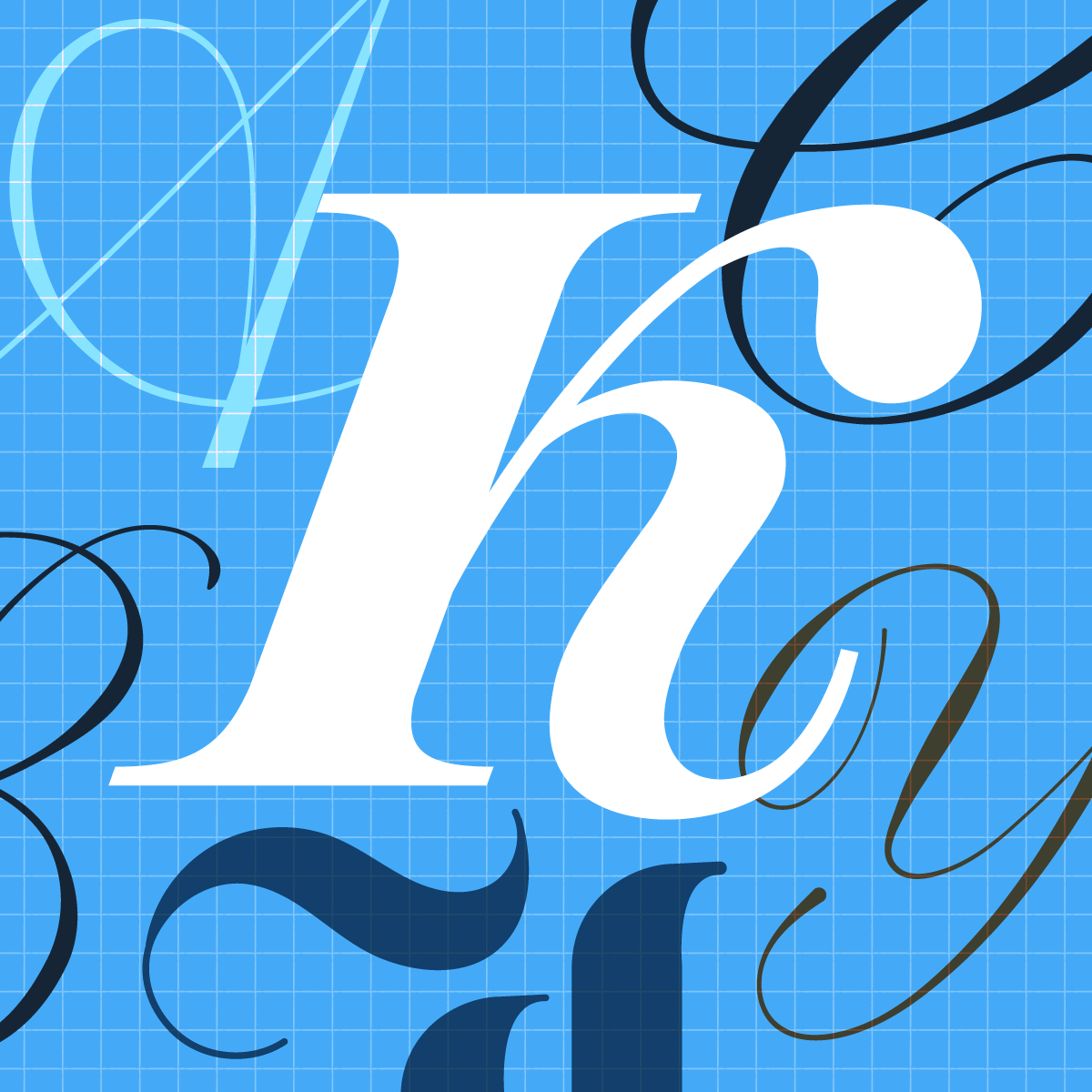 Large white calligraphic letter on a blue grid background, surrounded by overlapping dark script flourishes and letterform sketches.